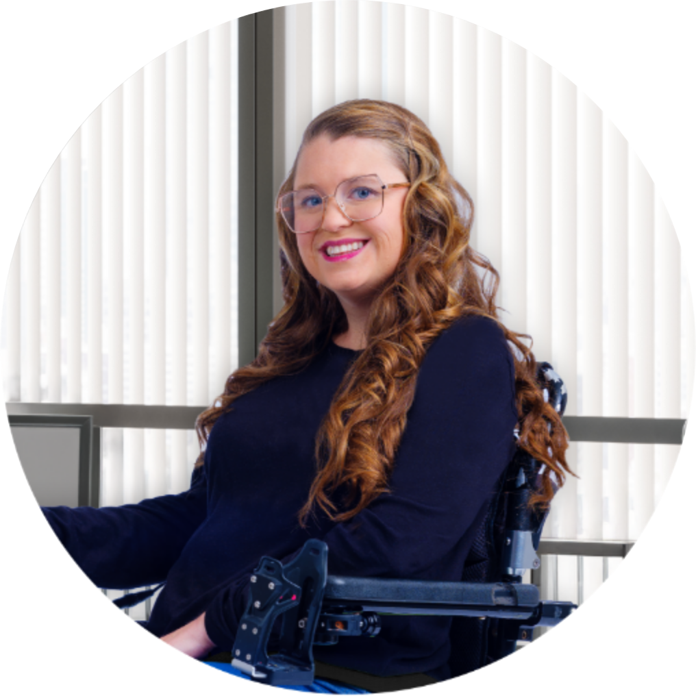 Morgan, 37, living with FA sitting in her
wheelchair and smiling. She is surrounded by
different care providers including physical,
occupational, and speech therapists; primary care
providers; endocrinologists; orthopedic surgeons;
mental health professionals; neurologists; and
cardiologists.