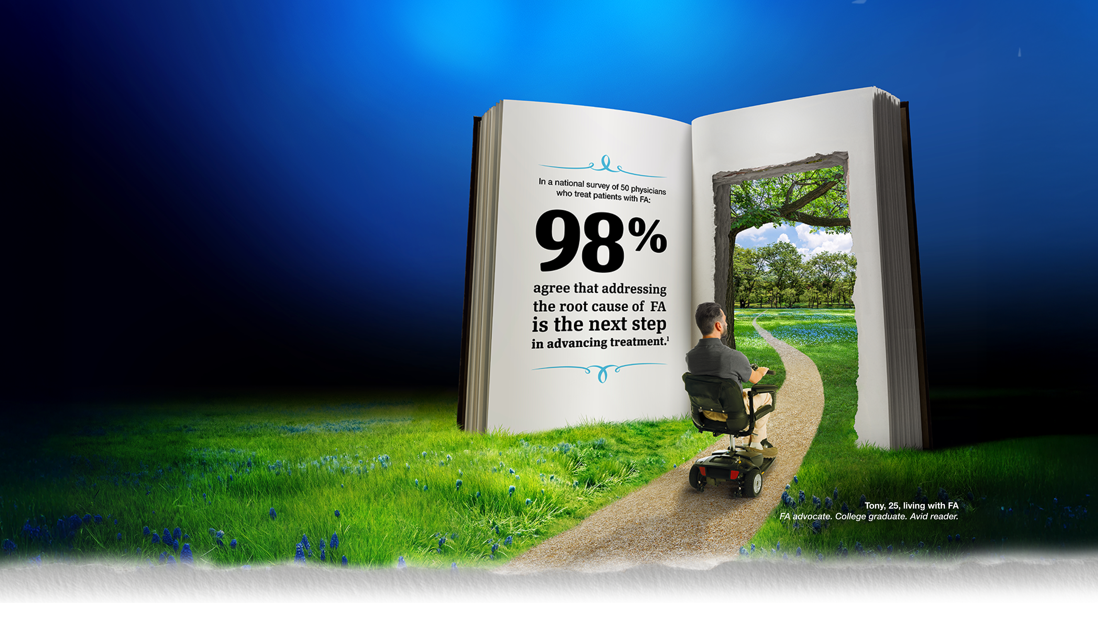 A person with Friedreich’s ataxia walking along a stone path toward a life-sized book. The path continues into the open book leading to a lush, green forest. On the opposite side of the page reads, In a national survey of physicians who treat patients with Friedreich’s ataxia: 98% agree that addressing the root cause of Friedreich’s ataxia is the next step in advancing treatment.